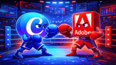 Canva and Adobe icons boxing in a high-tech ring, ready to fight.