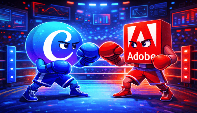 Canva and Adobe icons boxing in a high-tech ring, ready to fight.