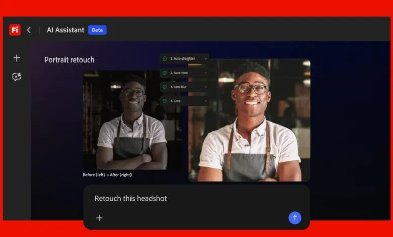 Adobe Firefly AI Assistant interface showing portrait retouching options.