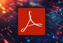 Adobe Acrobat logo centered on a digital circuit board background.