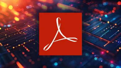 Adobe Acrobat logo centered on a digital circuit board background.