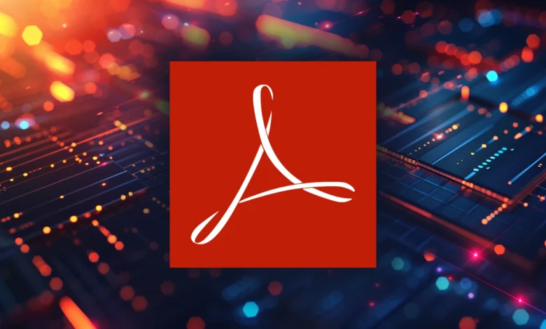 Adobe Acrobat logo centered on a digital circuit board background.