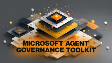 Abstract layered squares with 'Microsoft Agent Governance Toolkit' text.