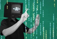 Person with TV head displaying AI text, interacting with digital code.