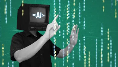 Person with TV head displaying AI text, interacting with digital code.