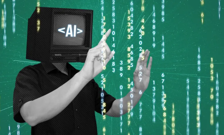 Person with TV head displaying AI text, interacting with digital code.
