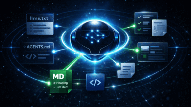 Abstract digital network with files and code icons connected to a central node.