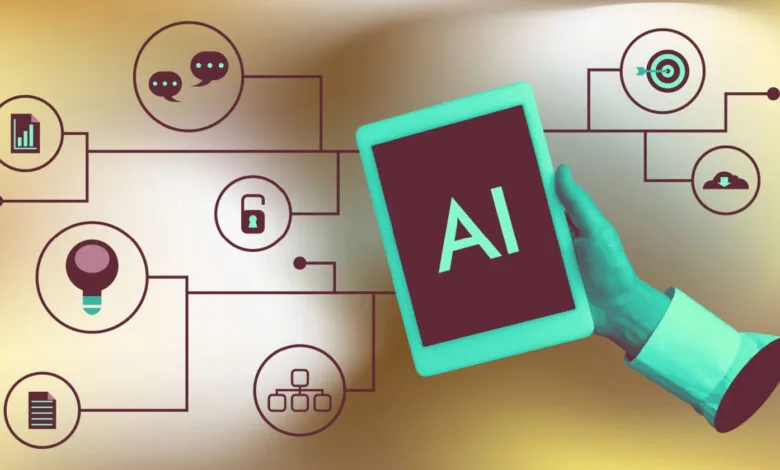Hand holding tablet displaying 'AI' with connected data icons.