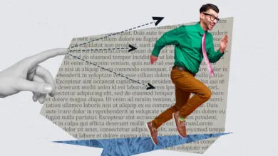 Man in business attire running on a paper with Lorem Ipsum text.