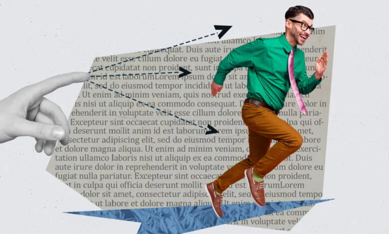 Man in business attire running on a paper with Lorem Ipsum text.