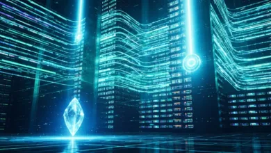 Futuristic server room with glowing data streams and a central crystal.