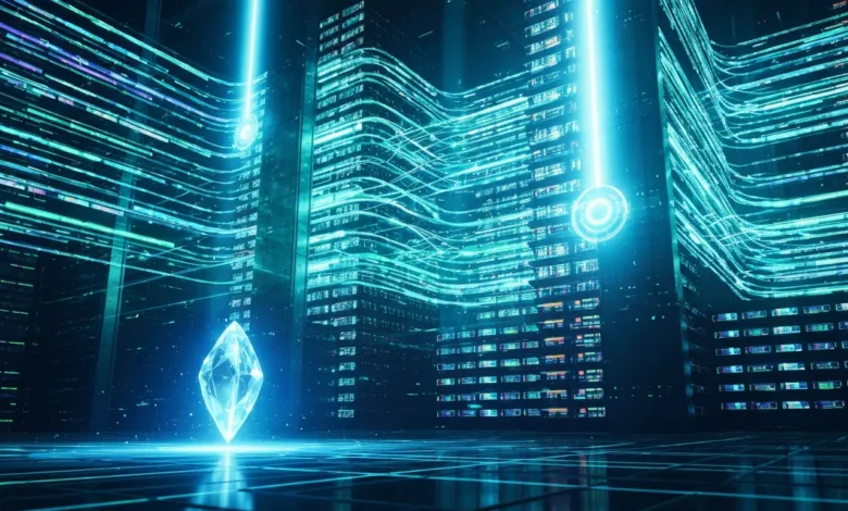 Futuristic server room with glowing data streams and a central crystal.