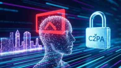 Digital head with C2PA padlock, upload icon, and city skyline.