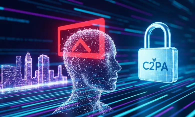 Digital head with C2PA padlock, upload icon, and city skyline.