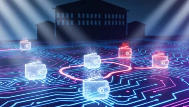 Digital wallets connected on a circuit board with a building silhouette in the background.