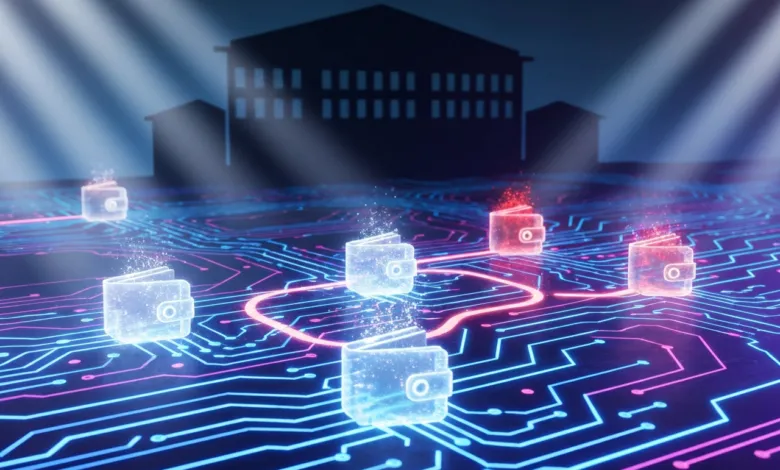 Digital wallets connected on a circuit board with a building silhouette in the background.