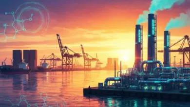 Futuristic industrial port with glowing pipes, cranes, and ships at sunset.