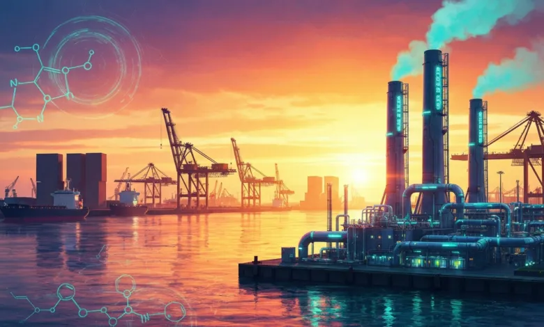 Futuristic industrial port with glowing pipes, cranes, and ships at sunset.