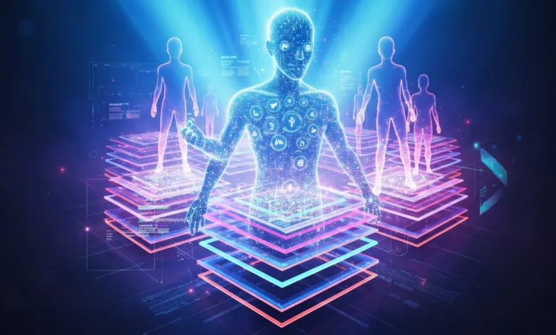 Digital human figure with glowing icons, standing on layered platforms.