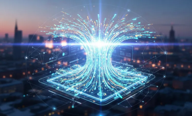 Abstract digital data stream flowing from a tablet over a blurred cityscape.