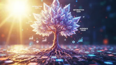 Crystal tree with data icons, symbolizing growth and information gain.