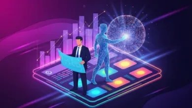 Isometric view of a man analyzing blueprints next to a glowing AI figure.