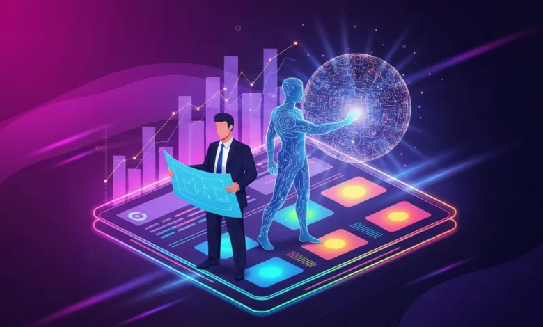 Isometric view of a man analyzing blueprints next to a glowing AI figure.