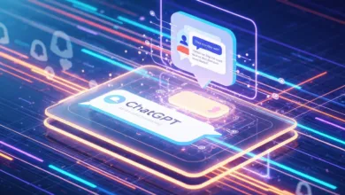 ChatGPT interface with message bubbles on a futuristic digital platform.