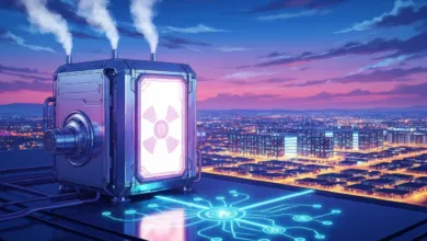 Futuristic machine with glowing fan and city skyline at dusk.