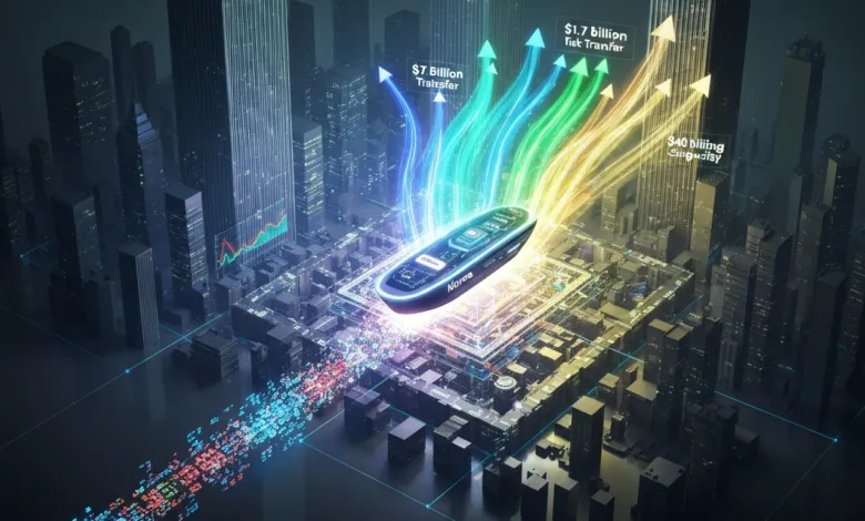 Futuristic city with digital transfers and financial data visualization.