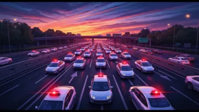 Highway filled with self-driving cars under a vibrant sunset sky.