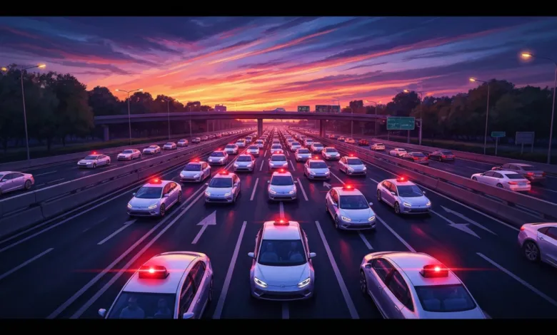 Highway filled with self-driving cars under a vibrant sunset sky.