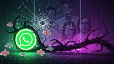 WhatsApp logo with cracked glass and concerned faces in the background.