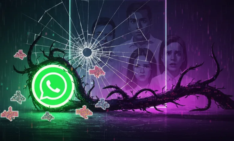 WhatsApp logo with cracked glass and concerned faces in the background.