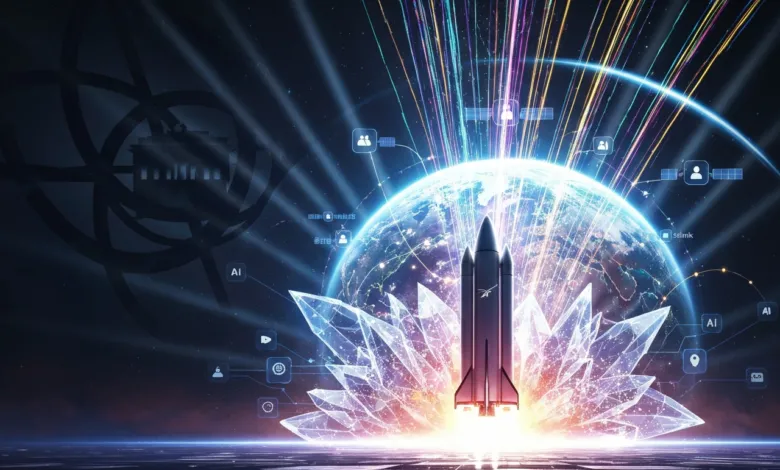 Rocket launching from Earth with AI and satellite connections.