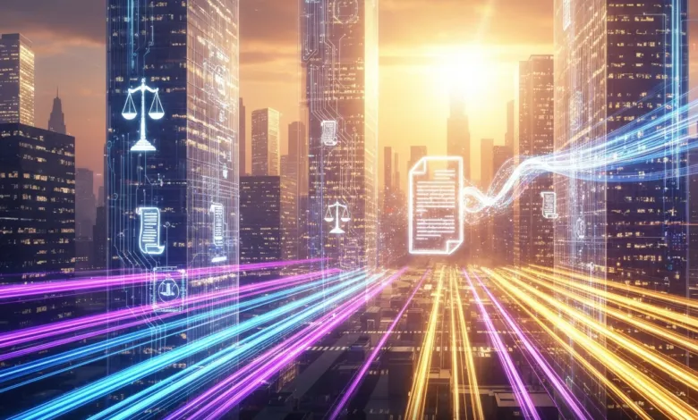 Futuristic city skyline with legal icons and data streams.
