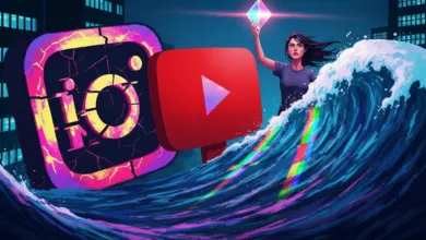 Woman holding crystal with Instagram and YouTube logos amidst a wave.
