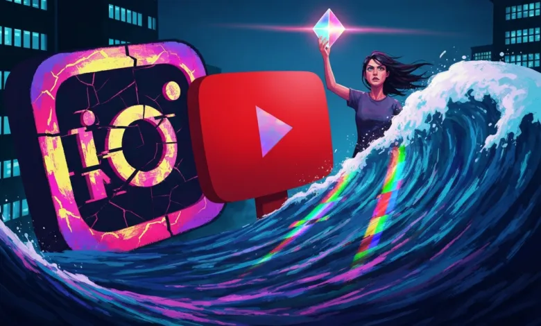 Woman holding crystal with Instagram and YouTube logos amidst a wave.