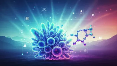 Abstract science image with cells, molecule, and laboratory icons on a vibrant background.