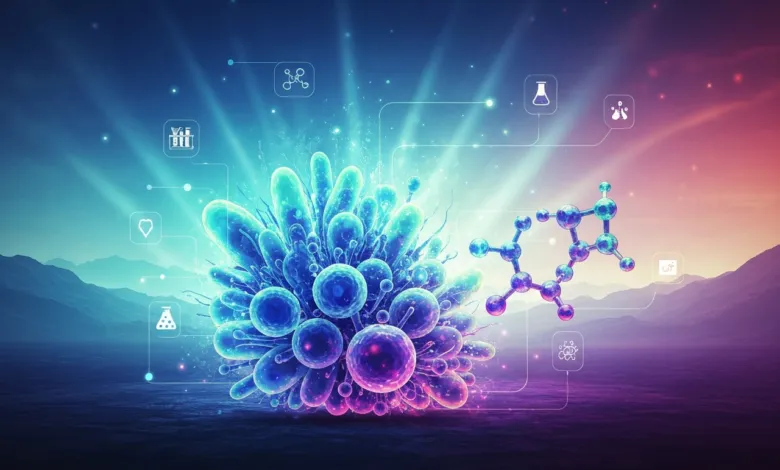 Abstract science image with cells, molecule, and laboratory icons on a vibrant background.