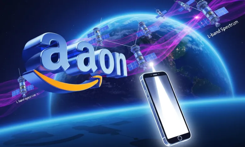 Amazon logo, satellites, and smartphone against Earth backdrop.