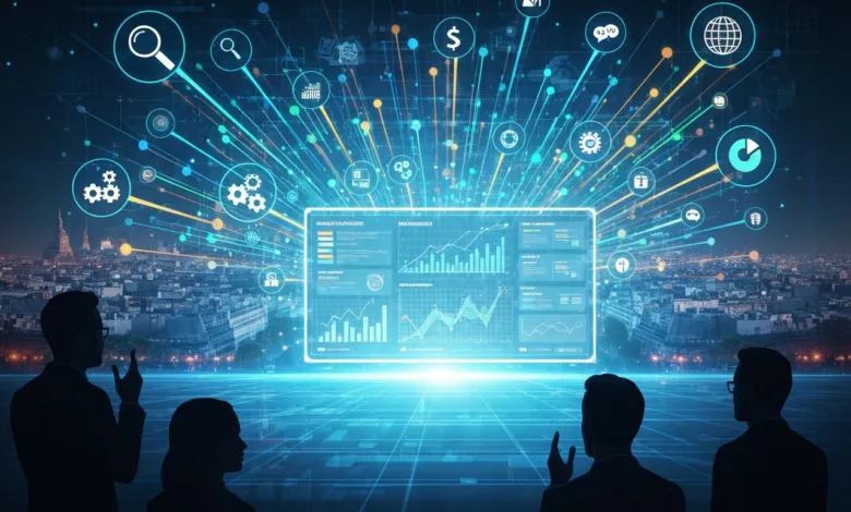 Silhouetted figures analyze data projected over a cityscape.