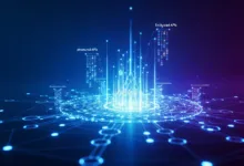 Abstract network with glowing nodes and data streams, blue and purple hues.