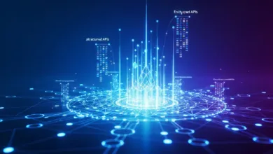 Abstract network with glowing nodes and data streams, blue and purple hues.