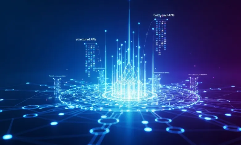 Abstract network with glowing nodes and data streams, blue and purple hues.