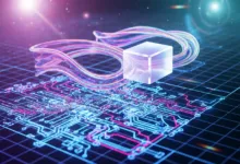 Abstract digital art: cube, circuit board, and flowing light.