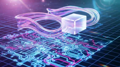 Abstract digital art: cube, circuit board, and flowing light.