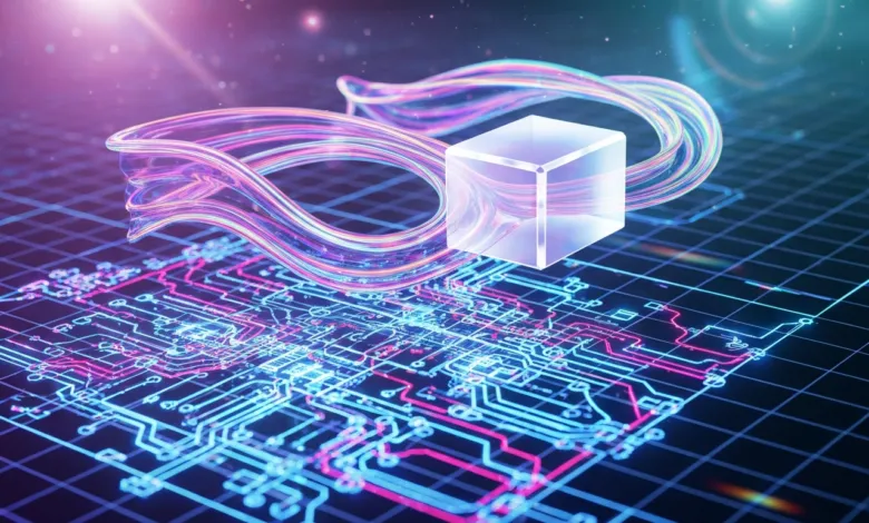 Abstract digital art: cube, circuit board, and flowing light.