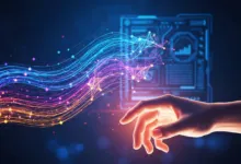 Hand interacting with colorful data streams and digital interface.