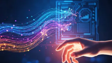 Hand interacting with colorful data streams and digital interface.